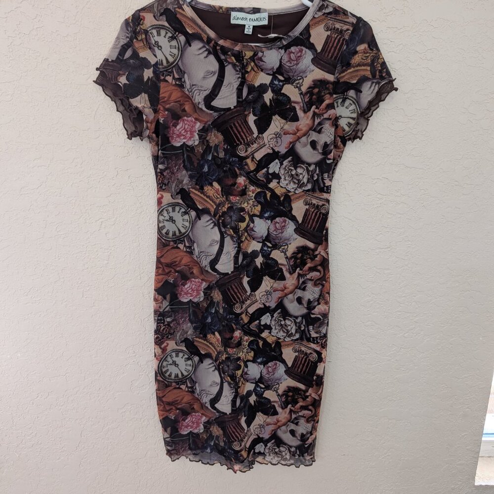 Almost Famous Mesh Y2K Bodycon Dress Clock Cherub Rose Scalloped Sleeve Sz M NWT - Picture 7 of 7